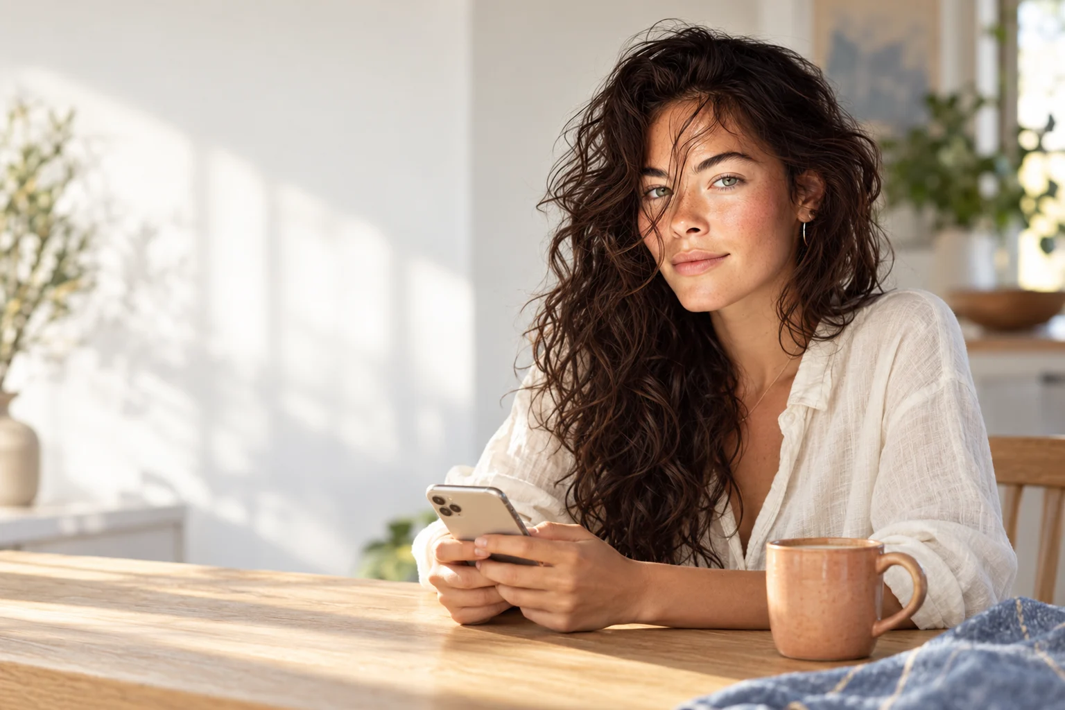Ella sitzt am Eichentisch und hält ihr Smartphone in den Händen.